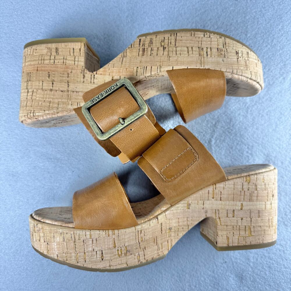 Kork Ease tan leather platform slip ons - sandals heels cork sole buckle size 9M - Picture 6 of 9